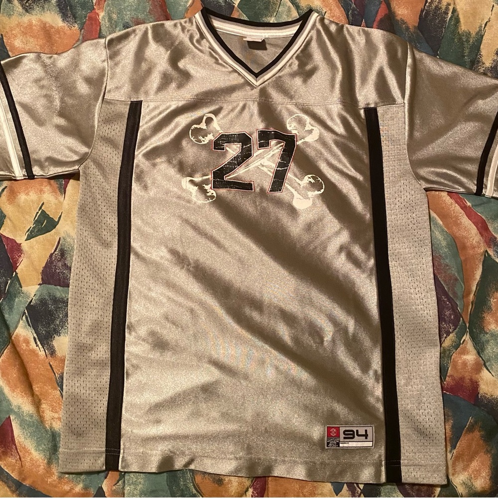 Old Navy silver and red y2k skull and cross bones football jersey